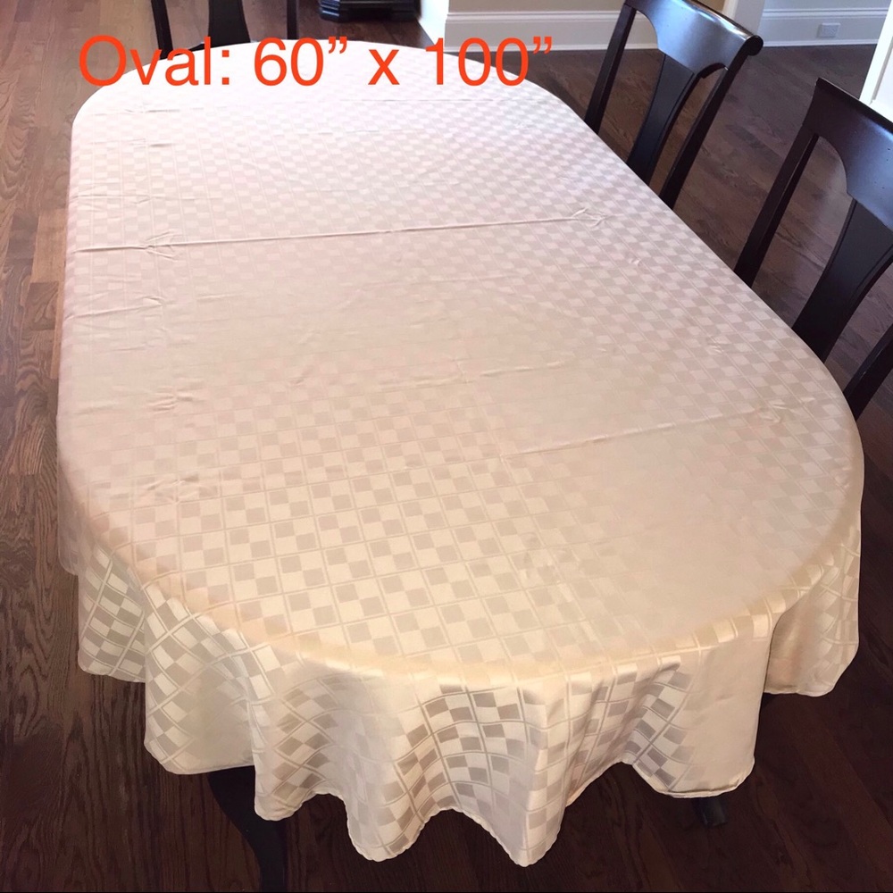 Tan / Khaki Oval Checkered Tablecloth 60” x 100”